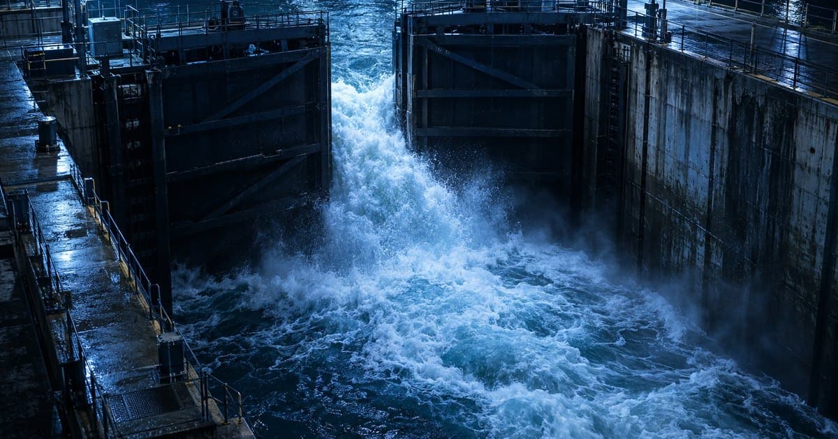 Шлюз канала ночью: через приоткрытые ворота бьёт поток воды в голубой подсветке